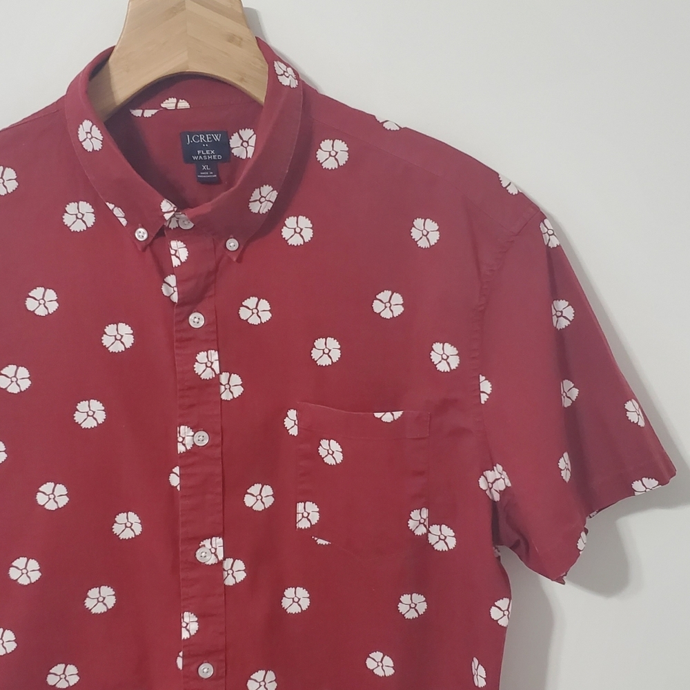 J. Crew Flex Washed Cotton Short Sleeve Button Down Shirt Maroon Cream Print XL